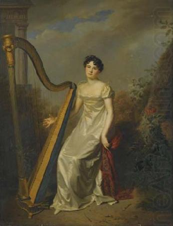 Firmin Massot Portrait of a lady, wearing a white dress and seated beside a harp a landscape beyond china oil painting image